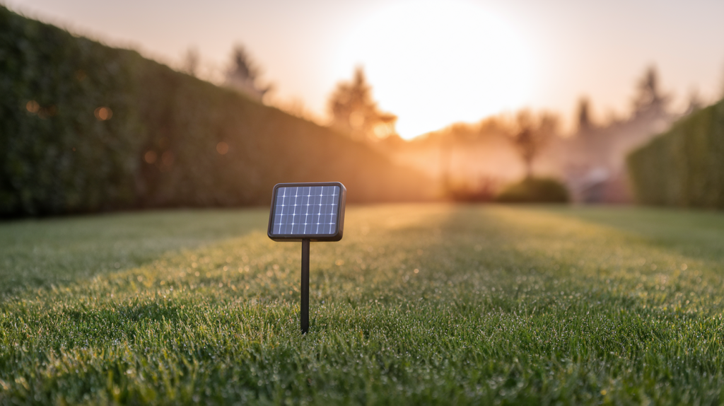 Solarni odganjalec krtov stoji v rosni, negovani trati ob sončnem vzhodu.