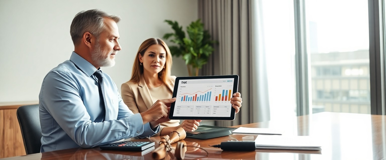 Davčni svetovalec prikazuje davčne izračune pri nakupu montažne hiše.