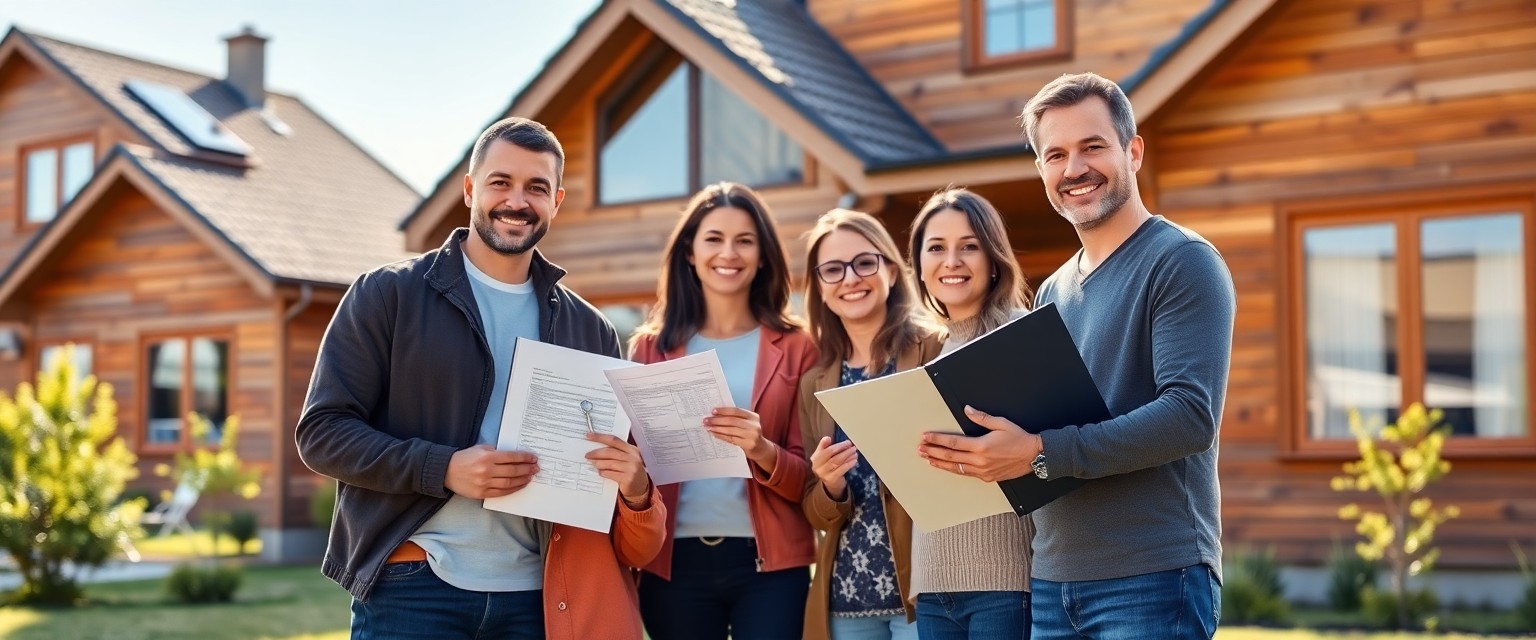Družina prejema ključe nove montažne hiše z davčnimi in pravnimi dokumenti.