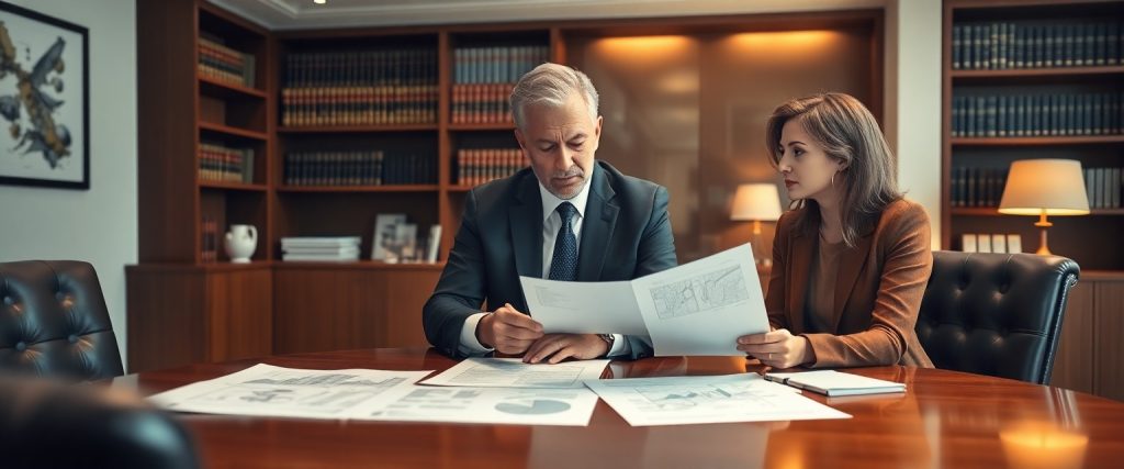 Odvetnik razlaga pravne dokumente paru ob nakupu montažne hiše.