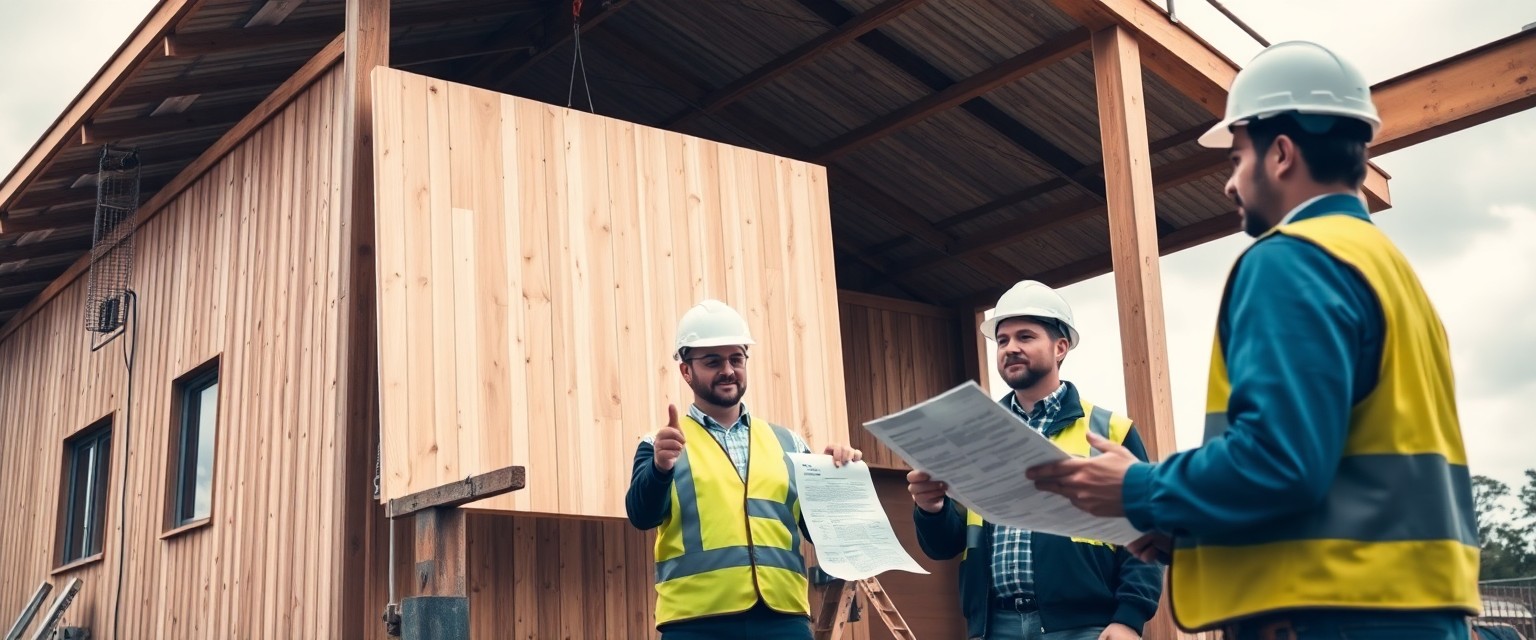Pravnik in davčni svetovalec na gradbišču montažne hiše s pravnimi dokumenti.