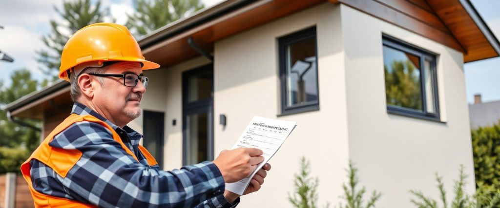 Inženir pregleduje montažno hišo za oceno stanja in trajnosti