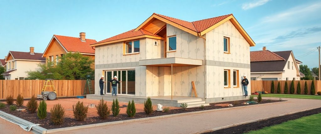 Gradbišče montažne hiše v roh bau fazi.