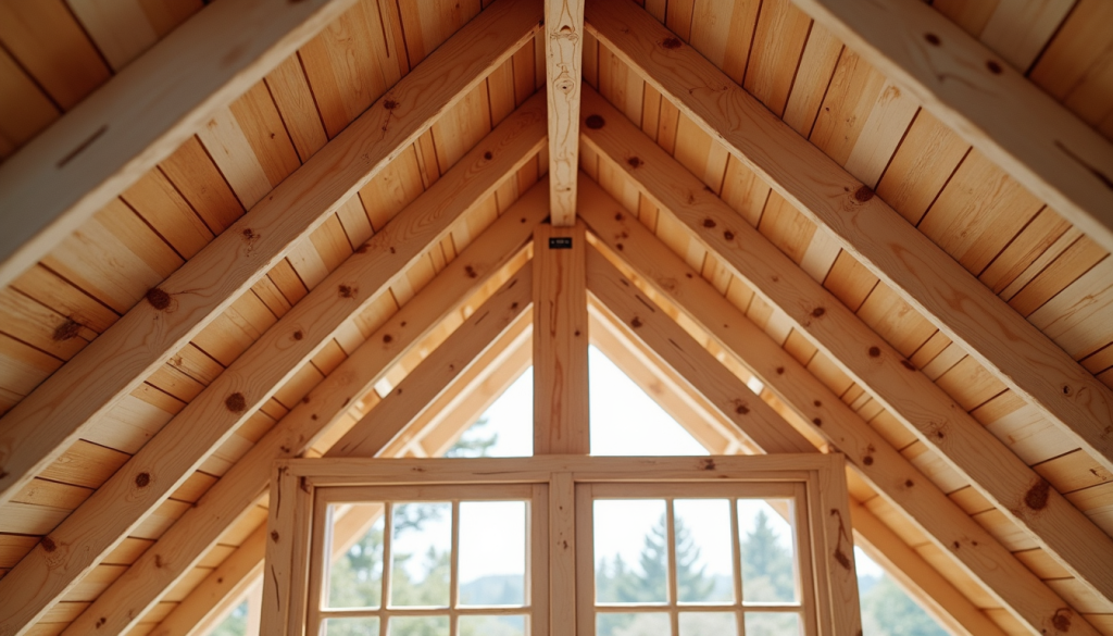 Konstrukcija strehe z lesenimi špirovci in nosilci.