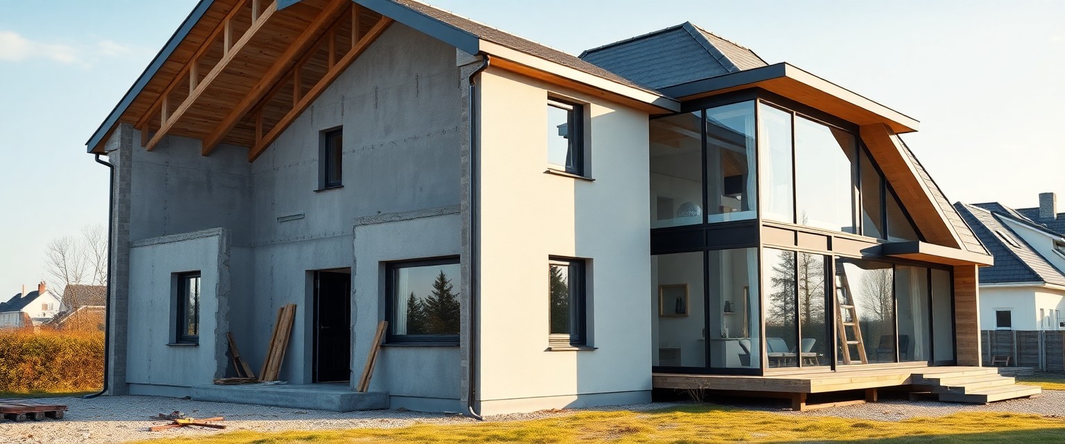 Montažna hiša v roh bau fazi in dokončana hiša v enem kadru.