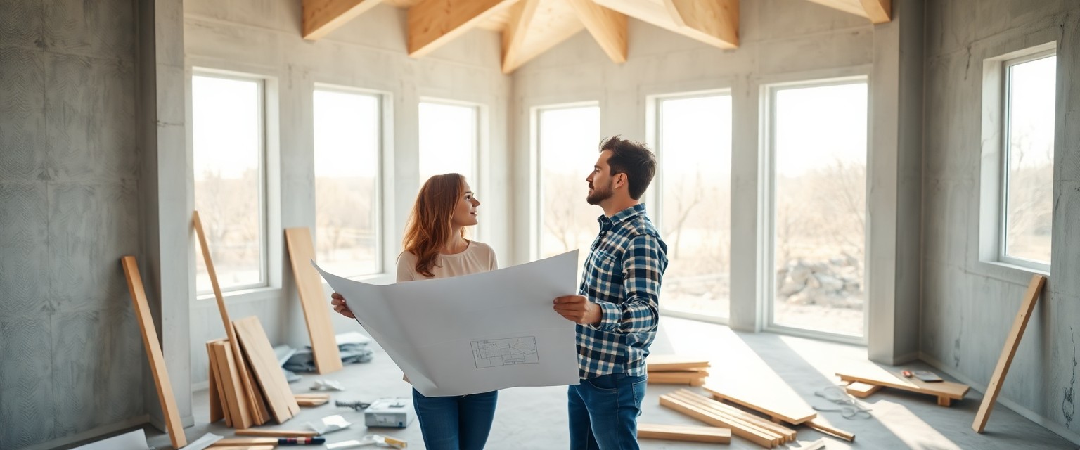 Investitorja pregledujeta montažno hišo v roh bau fazi.