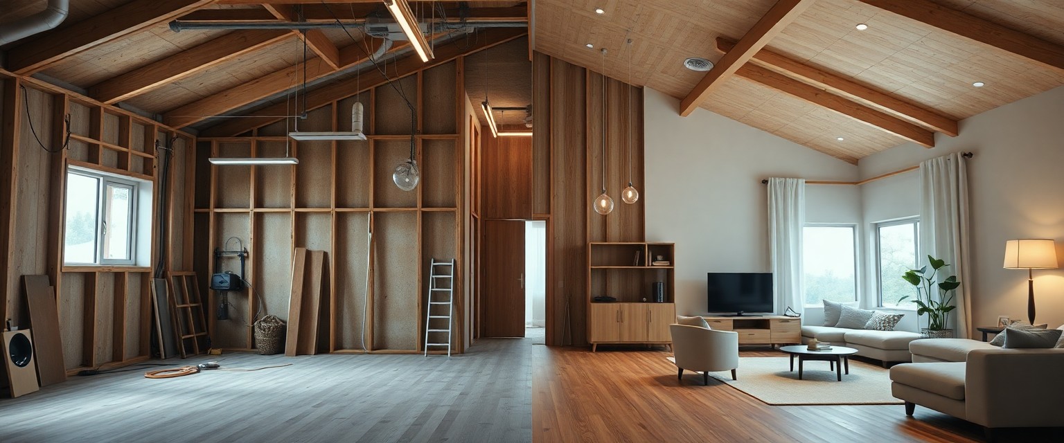 Prehod iz nedokončane notranjosti v moderno dokončan interier.