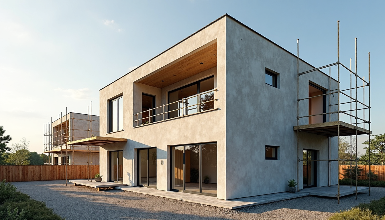 Gradbišče z roh bau montažno hišo, kjer so postavljene stene in okna.