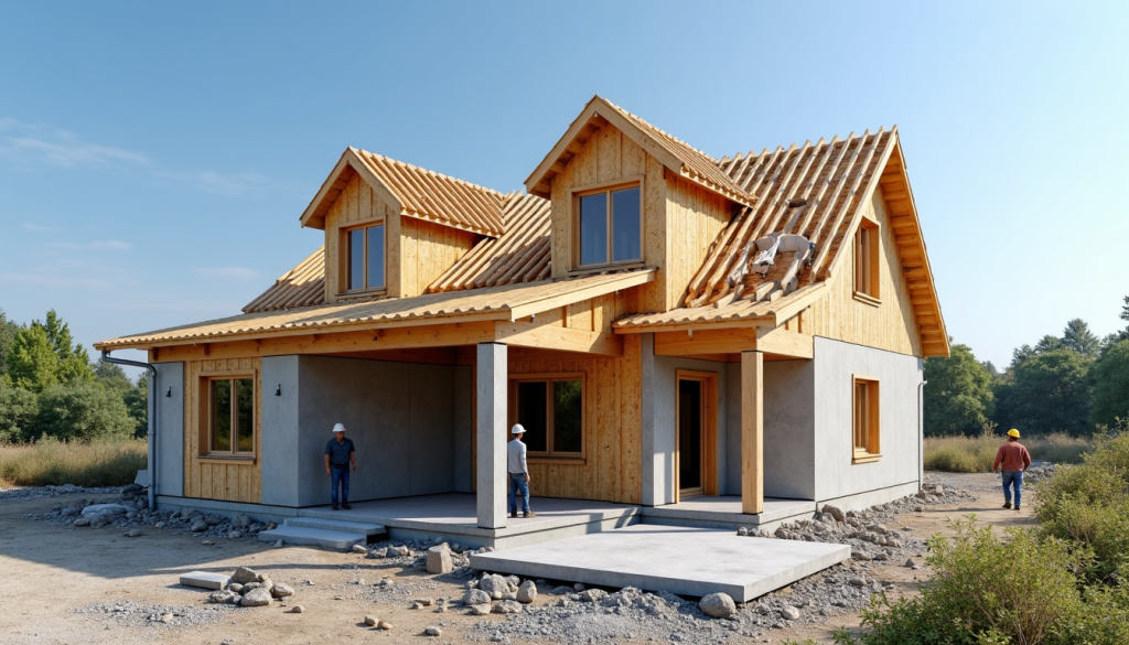 Fotorealistična slika montažne hiše v roh bau fazi s temelji in konstrukcijo.