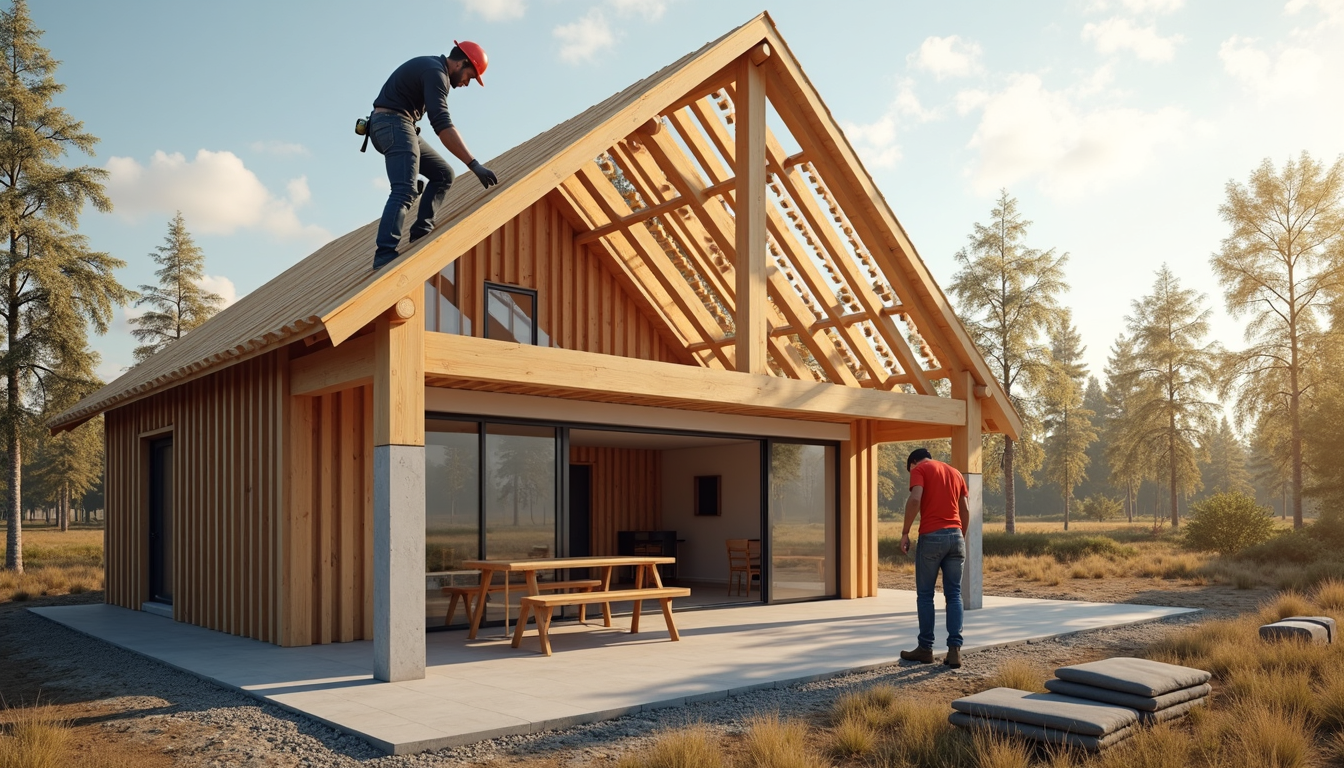 Delavci nameščajo strešno konstrukcijo na roh bau hiši.