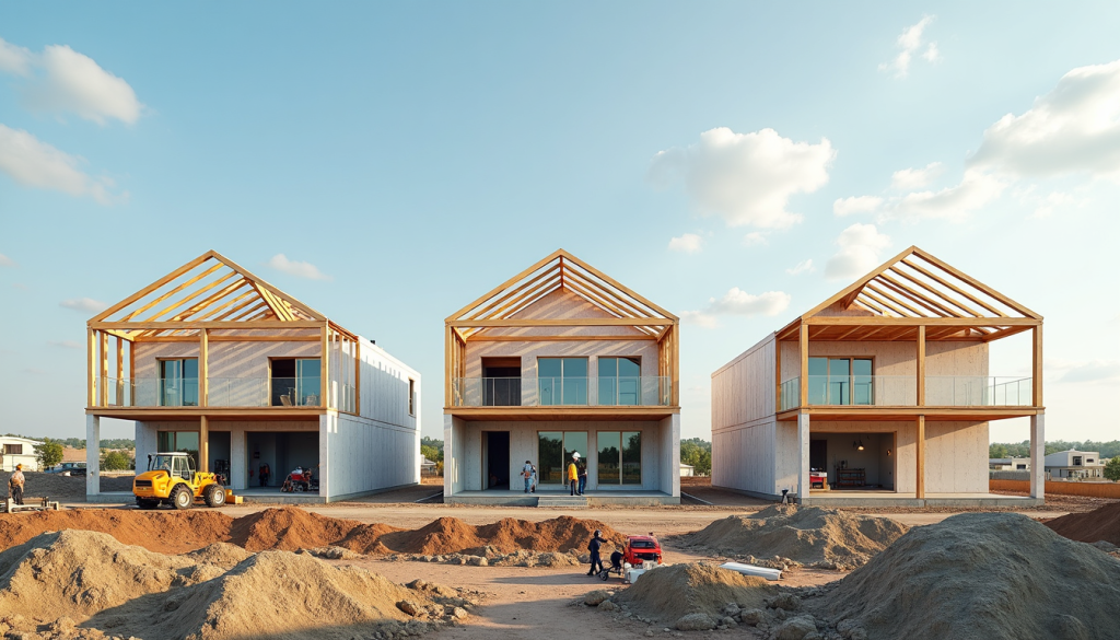 Infografika montažne hiše z razdeljenimi stopnjami roh bau: temelji, streha, fasada in okna.