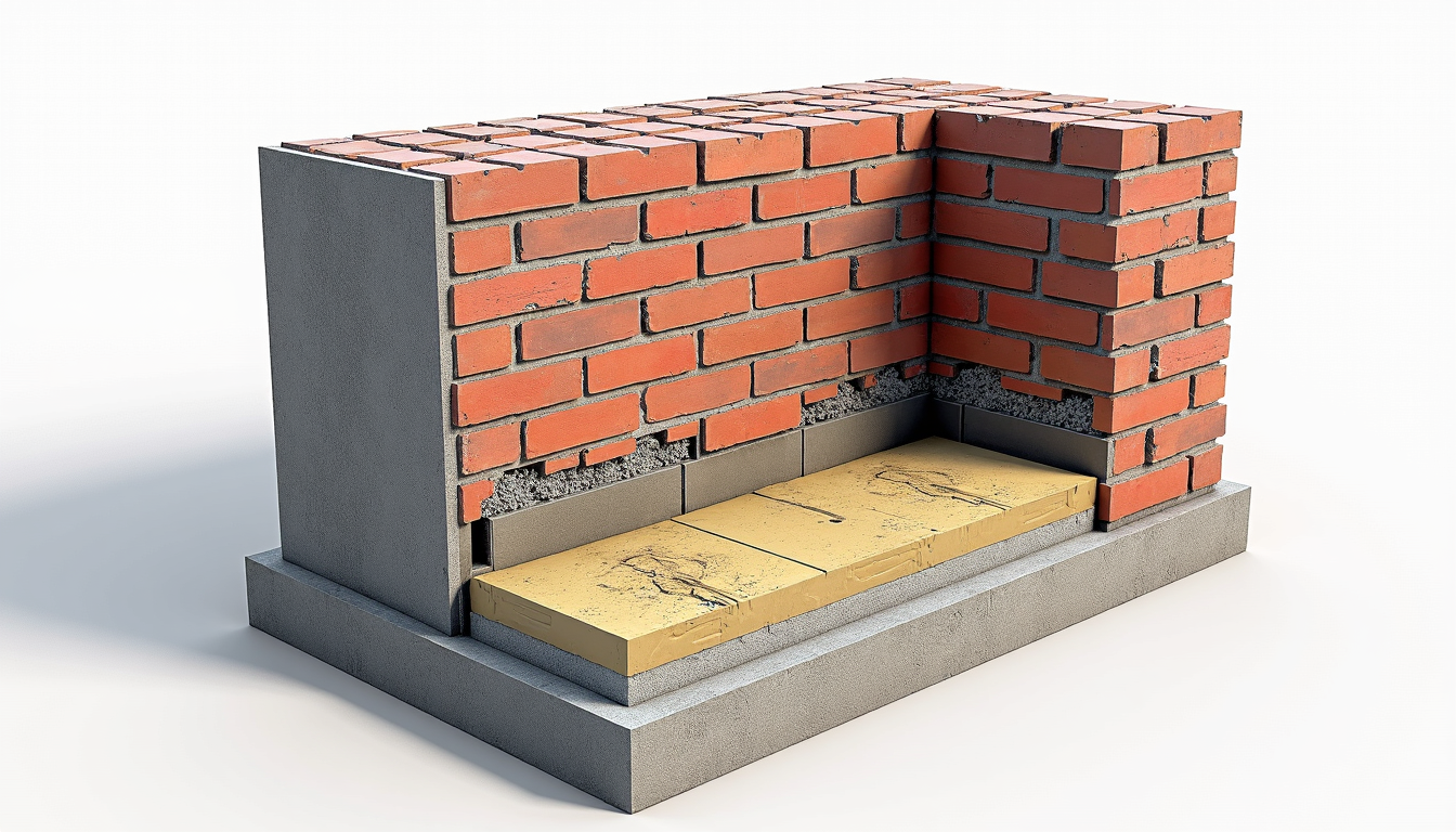 Diagram zidave sten z opeko, malto in izolacijo.