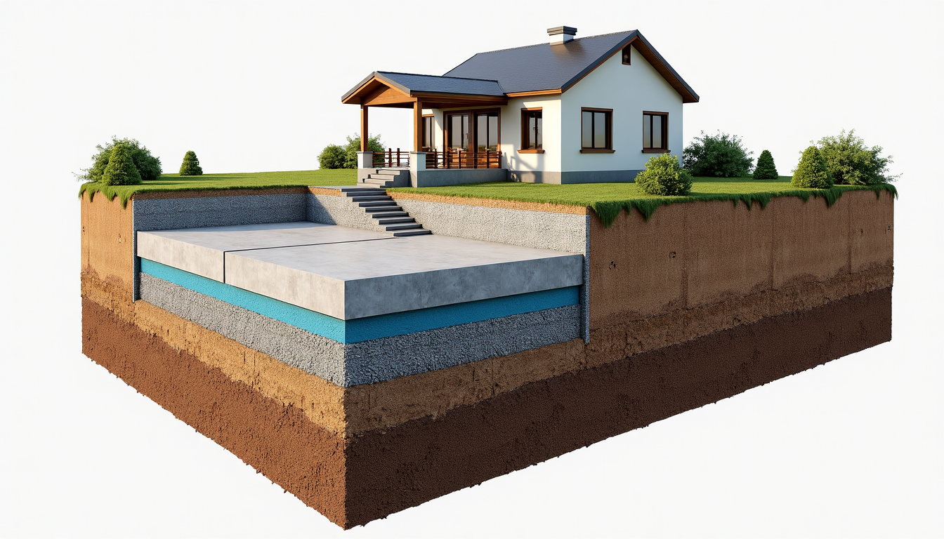 Prikaz temeljev hiše z hidroizolacijo in armiranobetonsko osnovo.