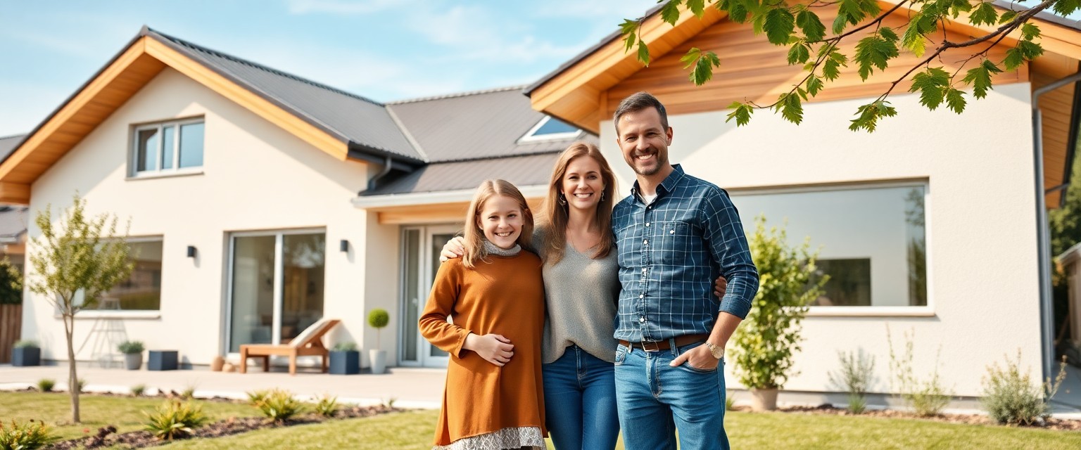 Družina pred novo montažno hišo v Sloveniji