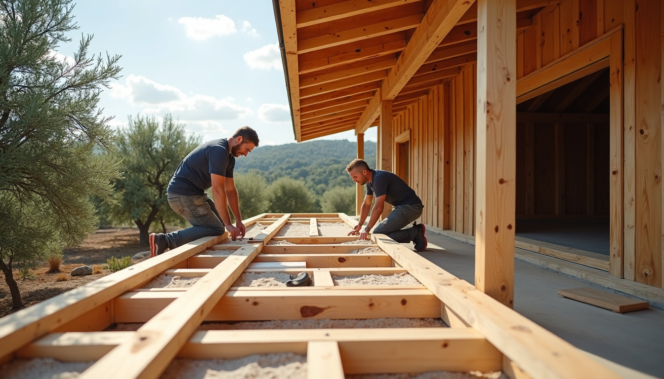 Pogled na natančno izvedene spoje in tesnjenje pri roh bau montažni hiši ob slovenski obali. Detajl montaže roh bau hiše na Primorskem z oljkami v ozadju.