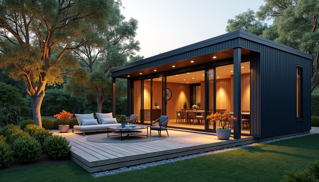 montažna hiša vrt s teraso in cvetličnimi lonci