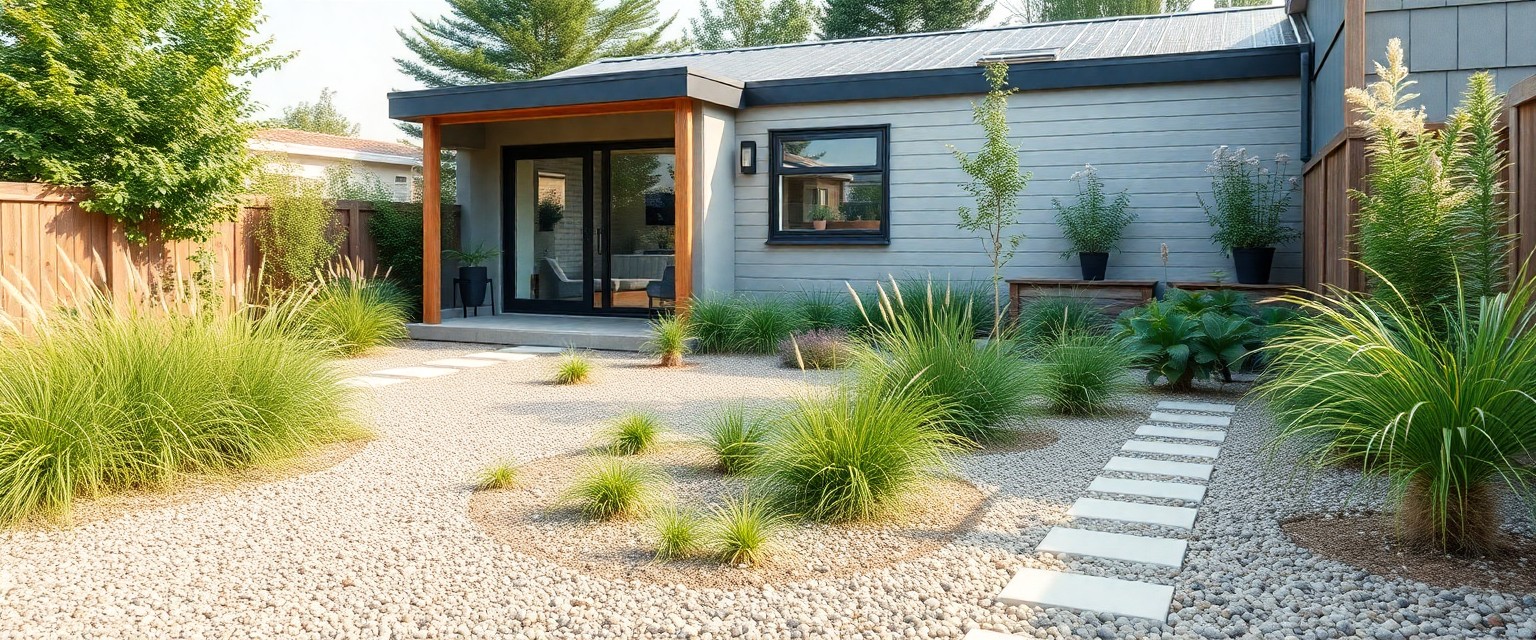 montažna hiša vrt s trajnostno zasaditvijo in potkami