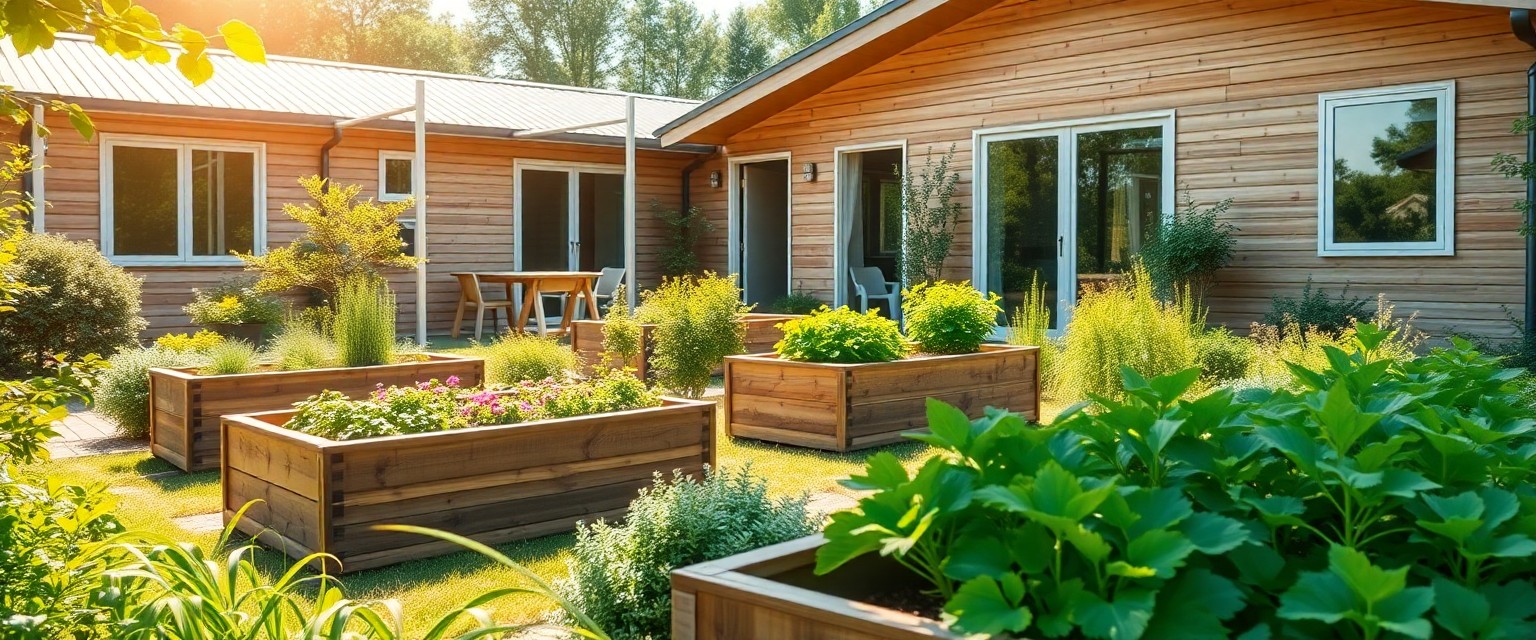 montažna hiša vrt z visokimi gredami in zelišči