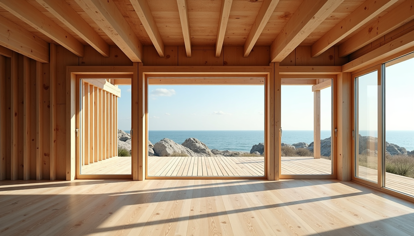 Notranji pogled na roh bau montažno hišo ob morju z veliko naravne svetlobe. Notranjost roh bau montažne hiše na Primorskem s pogledom na morje.