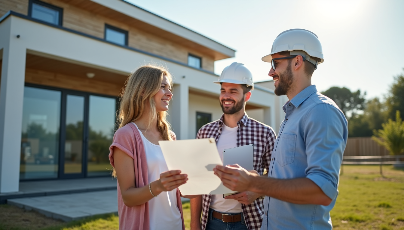 Zaključni trenutek primopredaje, ko izvajalec uradno preda hišo novim lastnikom. Izvajalec predaja ključe in dokumente nove roh bau montažne hiše.