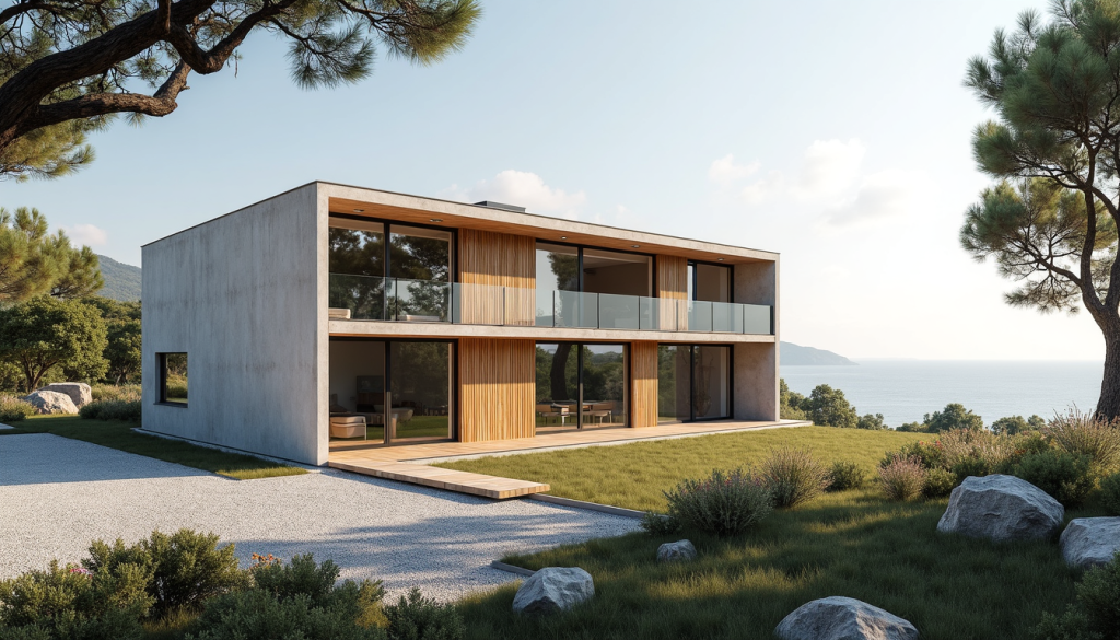 Roh bau montažna hiša s pogledom na Jadransko morje na Primorskem.