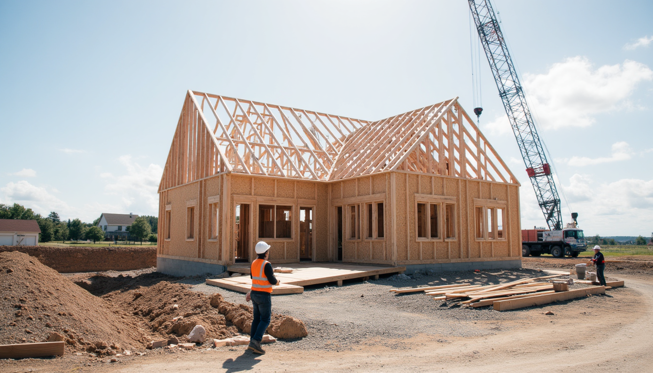 Rok gradnje roh bau montažna hiša — struktura v montažni fazi na gradbišču Rok gradnje roh bau montažna hiša — struktura v montažni fazi na gradbišču