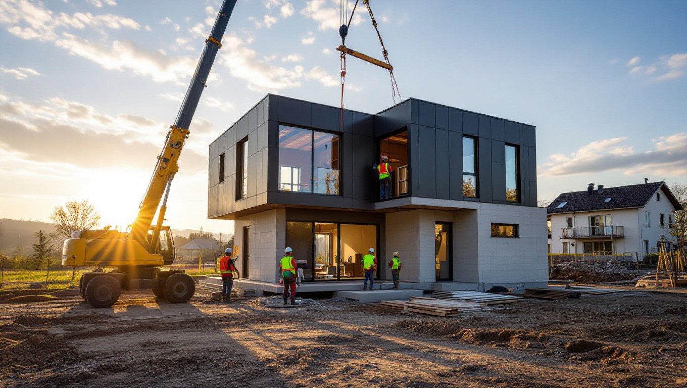 Gradnja montažne hiše z dvigom montažnih sten na pripravljenem zemljišču.