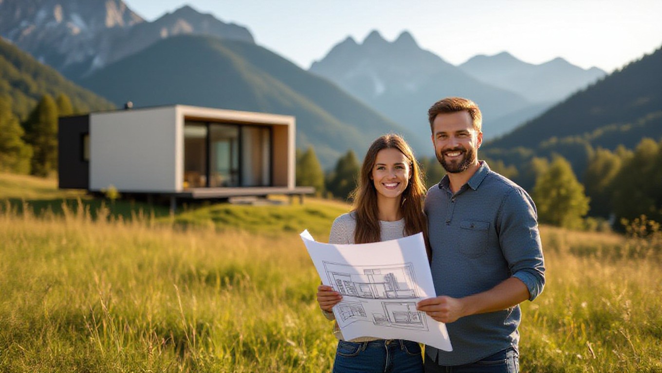 Par pregleduje zemljišče za montažno hišo v Sloveniji z načrti v rokah.