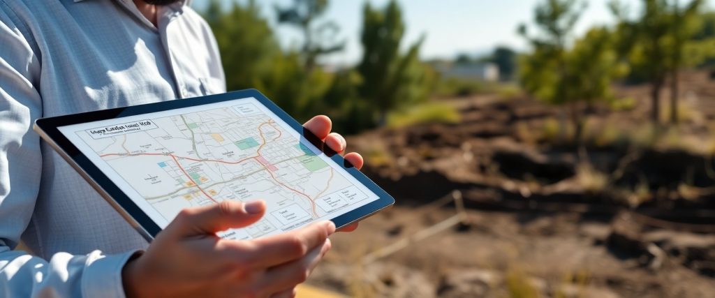 Svetovalec prikazuje lokacijsko informacijo in komunalne priključke na tablici.