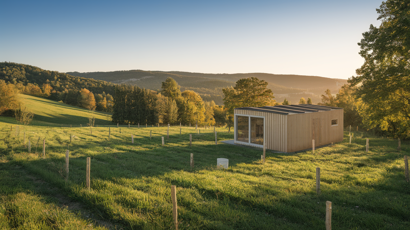Zazidljivo zemljišče z označenimi mejami in načrtovano montažno hišo v ozadju.